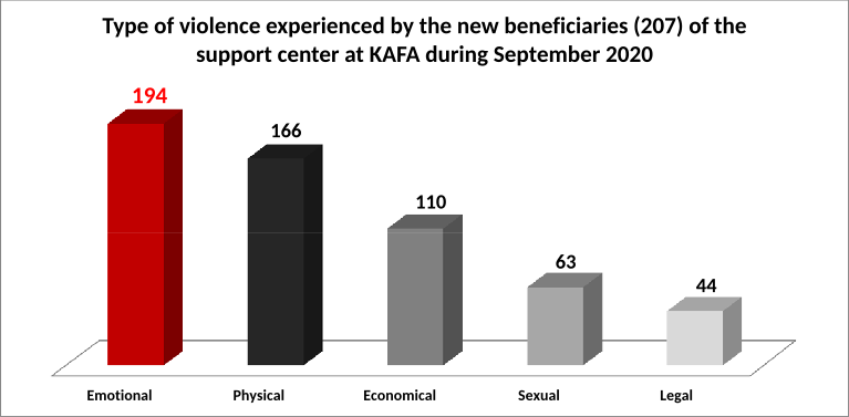Type of violence experienced by the new beneficiaries (207) of the support center at KAFA during September 2020